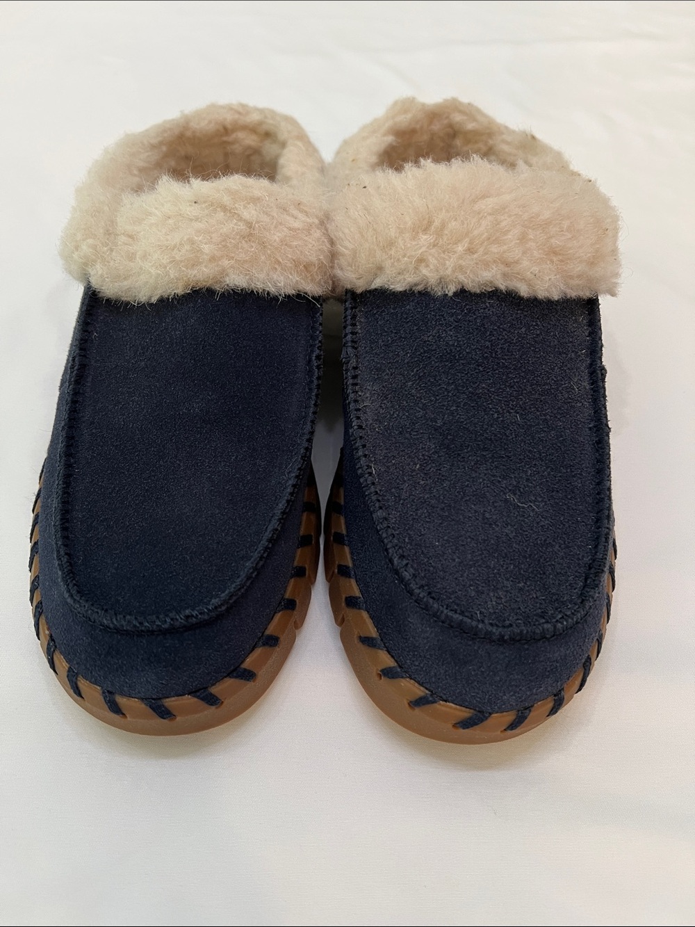 Muk Luks Navy Blue Suede Shearling-Lined Slip-On Mule Slippers SZ 7